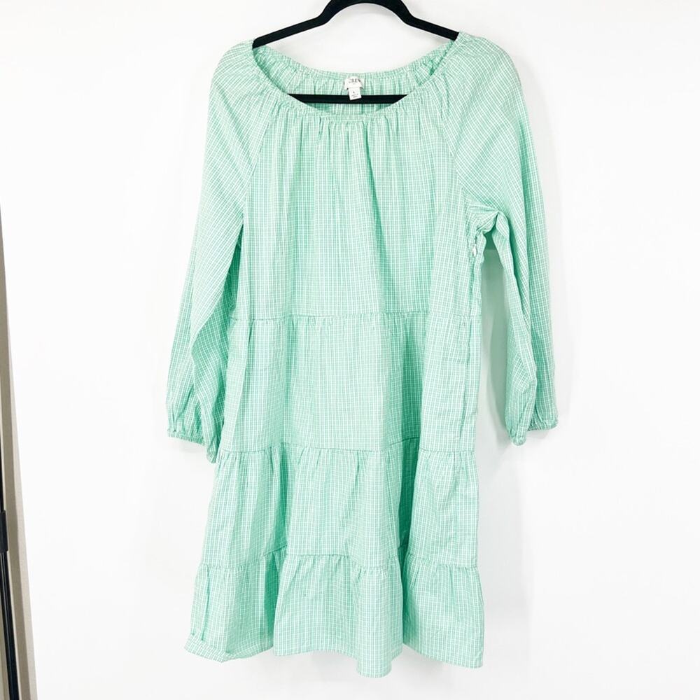 J. Crew Factory Gingham Cotton-Blend Poplin Raglan Tiered Mini Dress NWT